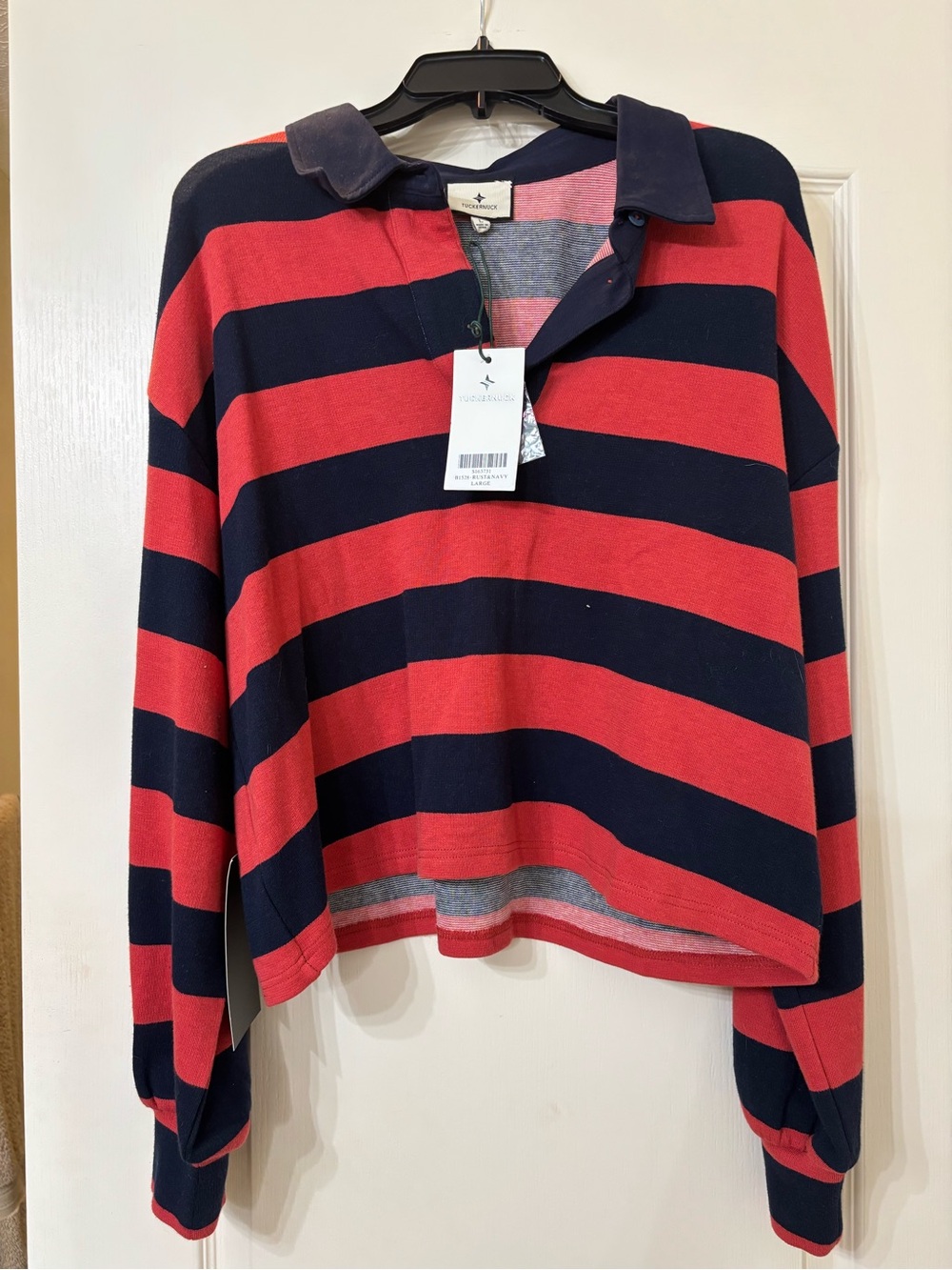 Tuckernuck Striped Rust and Navy Polo
